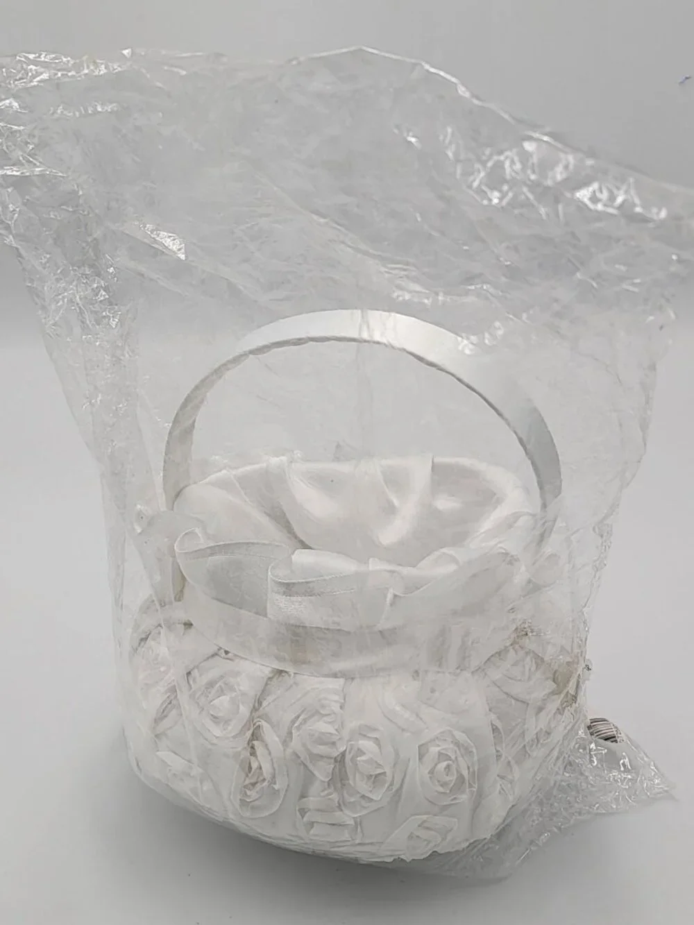 White Satin Flower Girl Basket With Ribbon & Rosette Details For Wedding Ceremon